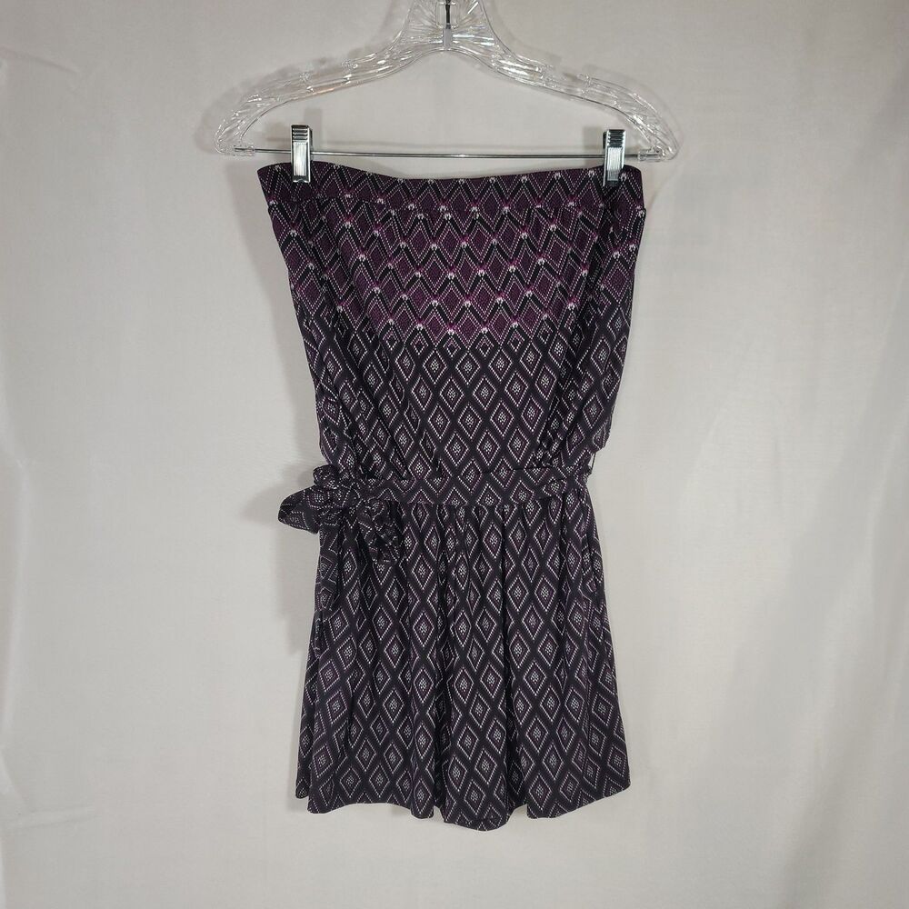 White House Black Market Small Strapless Geometric Romper Black Purple Pockets